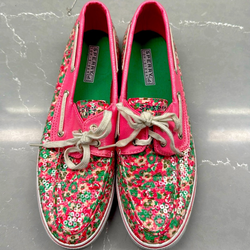 sperry loafer - pink and green sequences